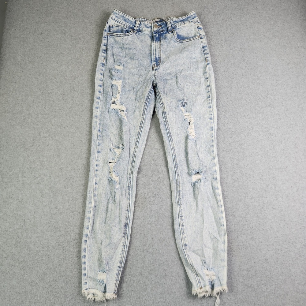 Tinseltown Jeans Womens 5 Blue Denim Acid Wash Distress Skinny High Rise Raw Hem